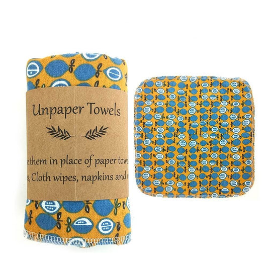 Kit cuisine zéro déchet, essuie-tout lavable motif rétro jaune et bleu