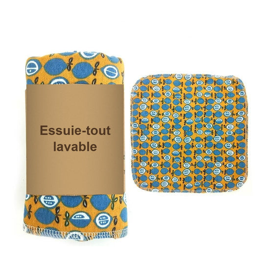 Kit cuisine zéro déchet, essuie-tout lavable motif rétro jaune et bleu