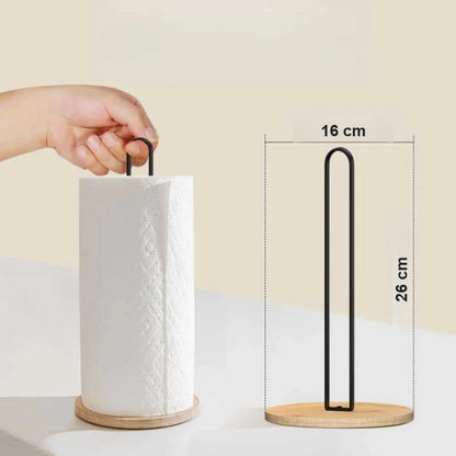 Dimensions du porte essuie-tout sur pied base bambou : 26 cm de haut, base de 16 cm