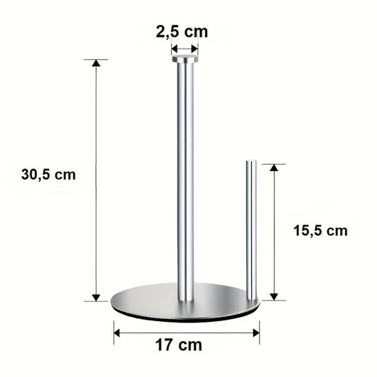 Dimensions du porte essuie-tout sur pied en inox : 30,5 cm de haut, base de 17 cm