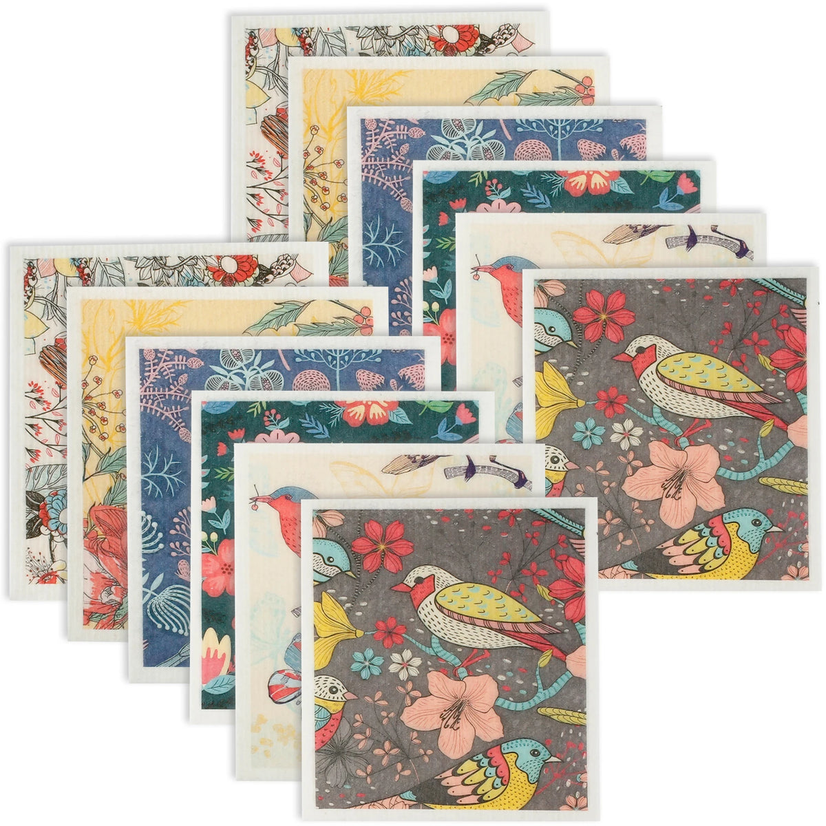 Lavettes suédoises, lot de 12, oiseaux colorés