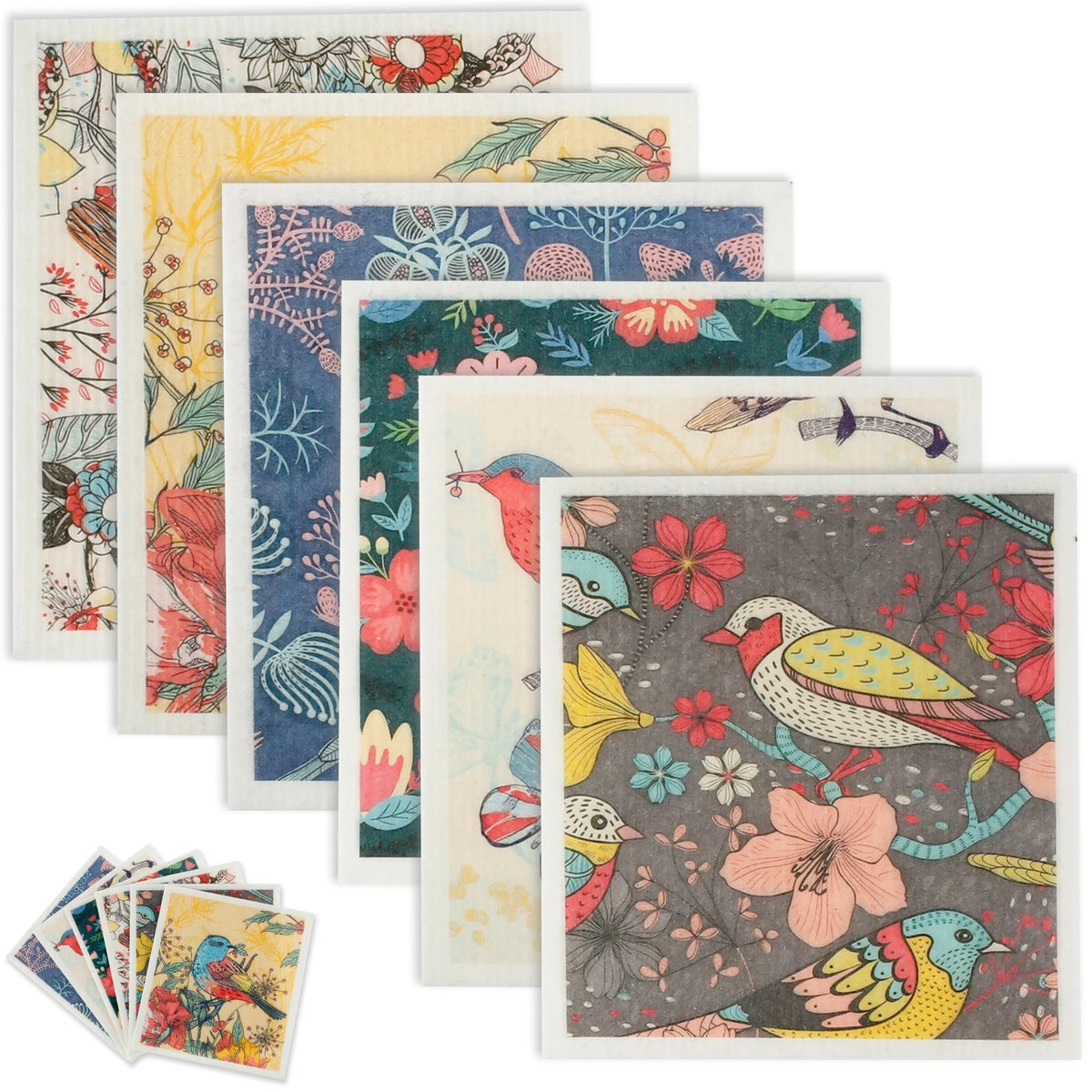 Lavettes suédoises, lot de 6, oiseaux colorés